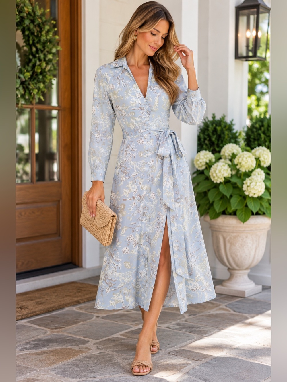 Zara Blue Floral Belted Shirt Dress Size Small Midi Long Sleeve